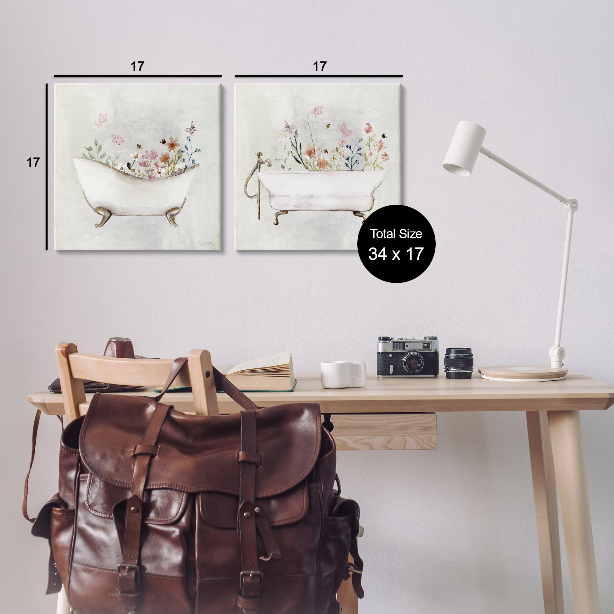 Stupell Industries Clawfoot Flower Garden Bees Bath & Laundry Painting Wrapped Canvas Art Print Wall Art, 17 x 17, Set of 2