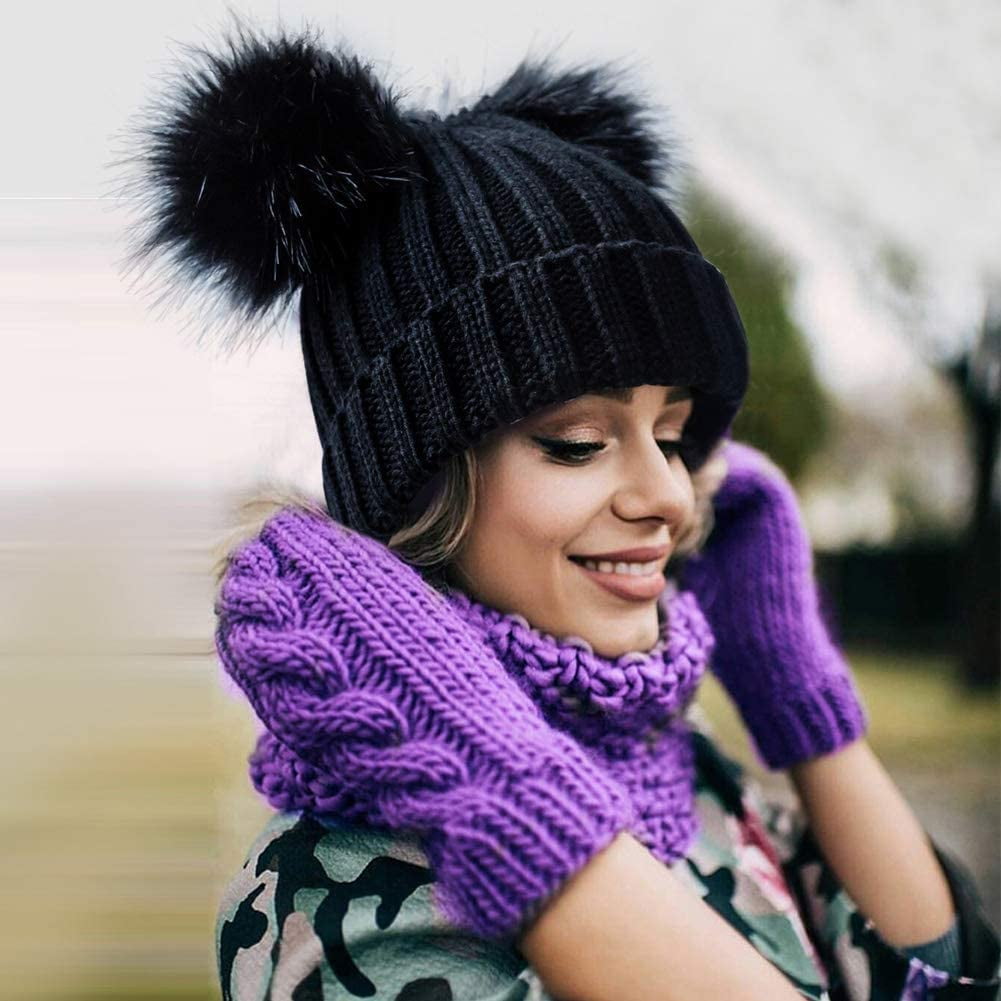 Bonnet d'Hiver à Double Pompon Doublé en Polaire pour Femmes