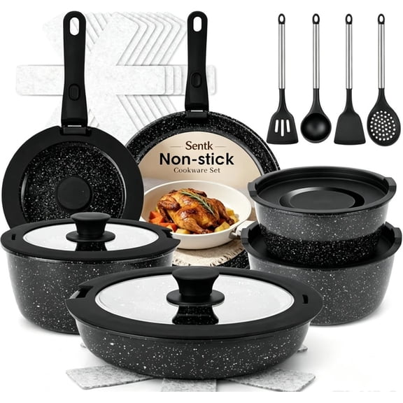 Sentk 25 Piece Nonstick Pots and Pans Set with Detachable Handles, Speckled Black Cast Iron Cookware Set, Stackable Apartment and Kitchen Essentials for New Home, Oven Induction Safe