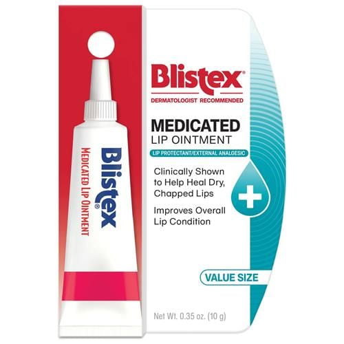 Blistex Medicated Lip Ointment, Relieves Cold Sores & Helps Heal Dry Chapped Lips, Pain Relief From Lip Sores & Blisters, Healing Ointment, 0.35 Ounce (Pack Of 12) Package May Vary