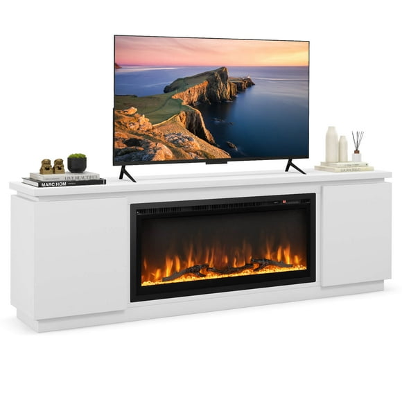 Costway Fireplace TV Stand for TVs up to 80" with Electric Fireplace 3 Adjustable Shelves White