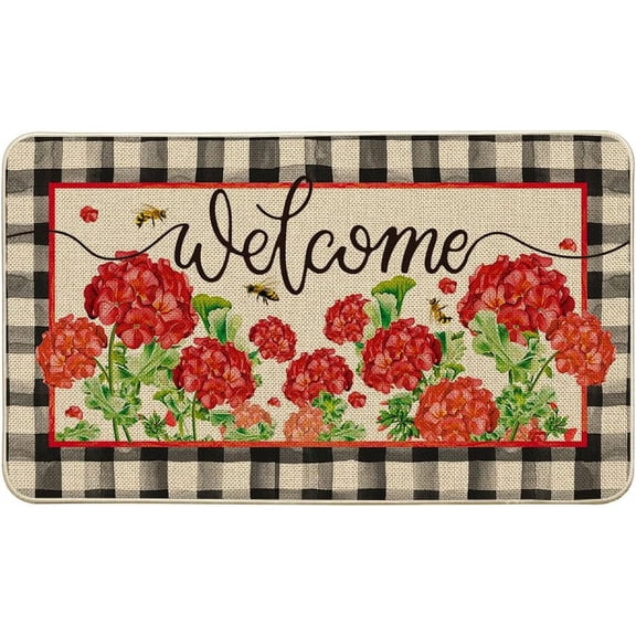 Buffalo Plaid Geranium Spring Welcome Doormat, Summer Home Decor Low-Profile Switch Rug Door Mat Floor Mat for Indoor Outdoor