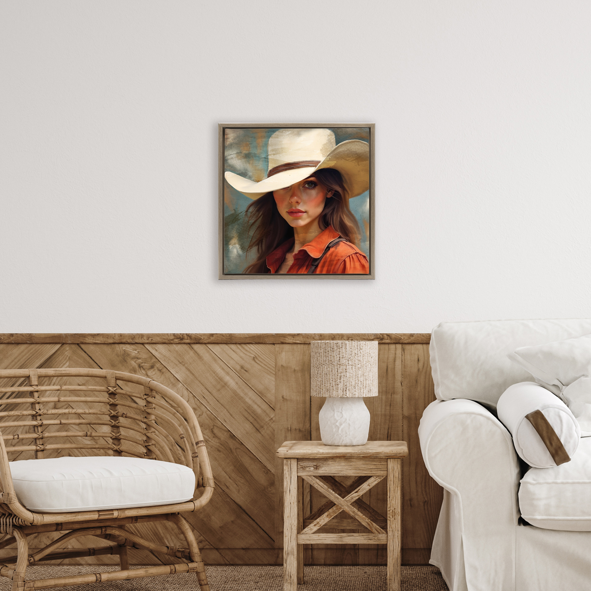 Cowgirl Gaze Beneath Hat Brown Framed Floater Canvas Wall Art, design by Kim Allen