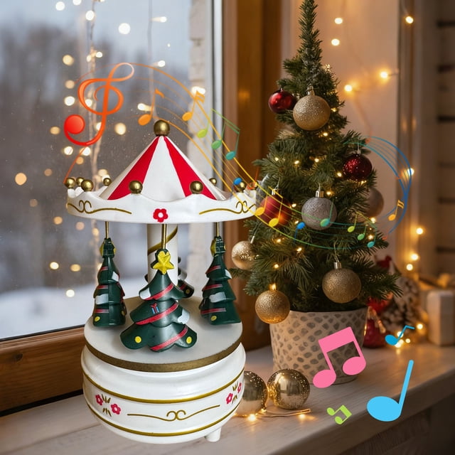 Caja De Música Navideña Con Carrusel Giratorio, Color Blanco, Con Relajantes Melodías Navideñas Para Decoración Del Hogar Y Regalos Festivos, 18.5x11cm (1 Unidad) Rkxzt