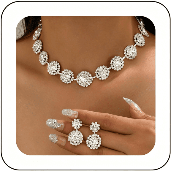 DESIGNICE Bridal Wedding Jewelry Set Silver Rhinestone Necklace Earrings Sets Formal Costume Jewelry for Women and Brides