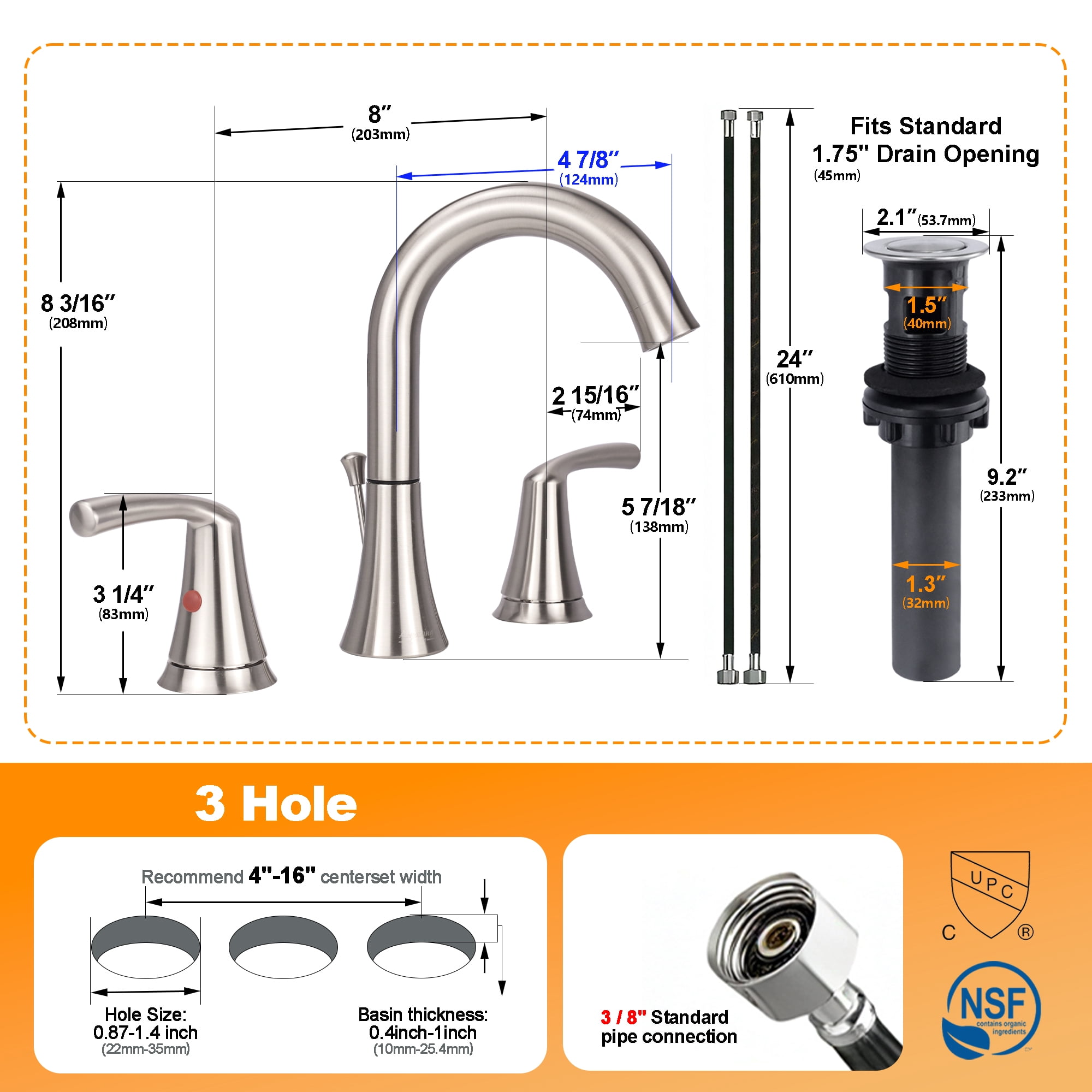 Sunrinx 8 Inch Widespread Bathroom Faucet Brushed Nickel 3 Hole Dual Handle Swivel High Arc Drain