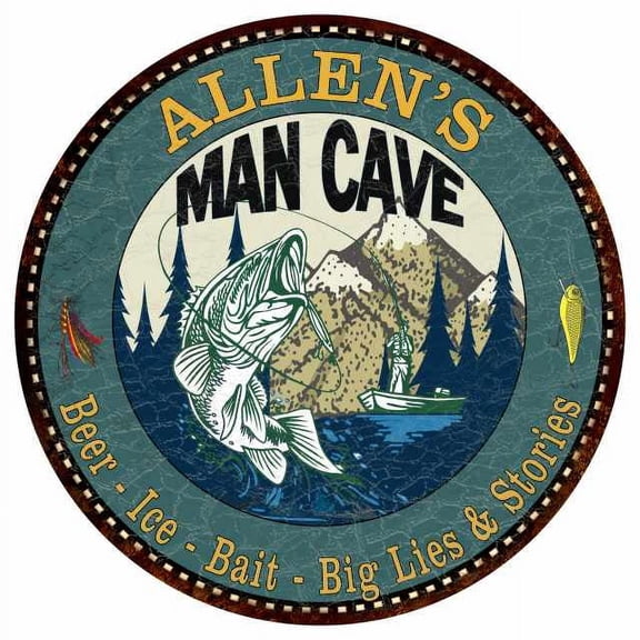 ALLEN'S Man Cave Fishing 14" Round Metal Sign Garage Bar Wall Decor 100140004119