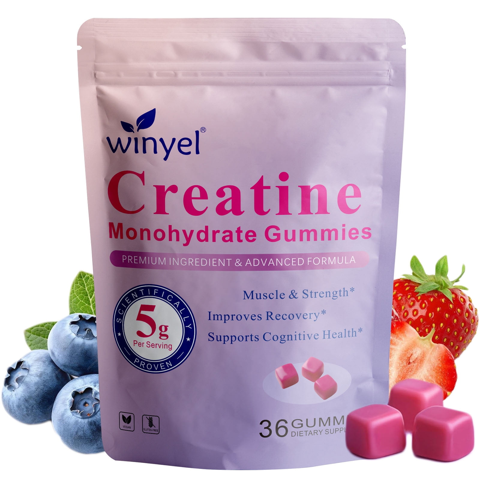 Creatine Monohydrate Gummies 5g Per Serving, Pre Post Workout Supplement for Muscle Growth Strength & Recovery, Supports Brain Cognitive Health, Vegan Gluten Free, 36 Count