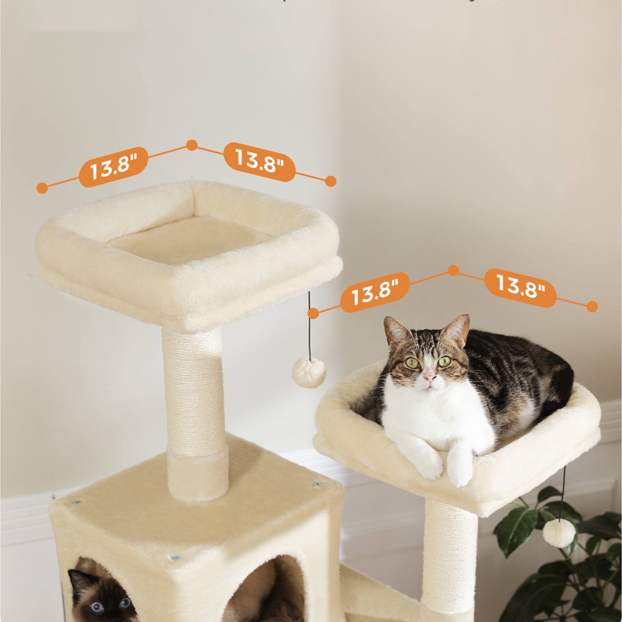 Kadyn 70" Large Cat Tree for Indoor Cats, Multi-Level Cat Tower Cat Scratching Post with 2 Perches, 2 Condos, Hammock and 2 Pompoms, Beige