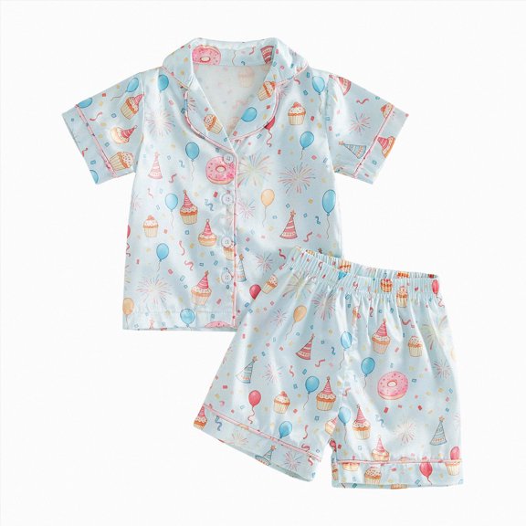 felwors Girls Pajamas Silk PJS Set Pink Bow Satin Sleepwear Short Sleeve Jammies for Kids Button-Down Nightwear(18-24 Months,Blue)
