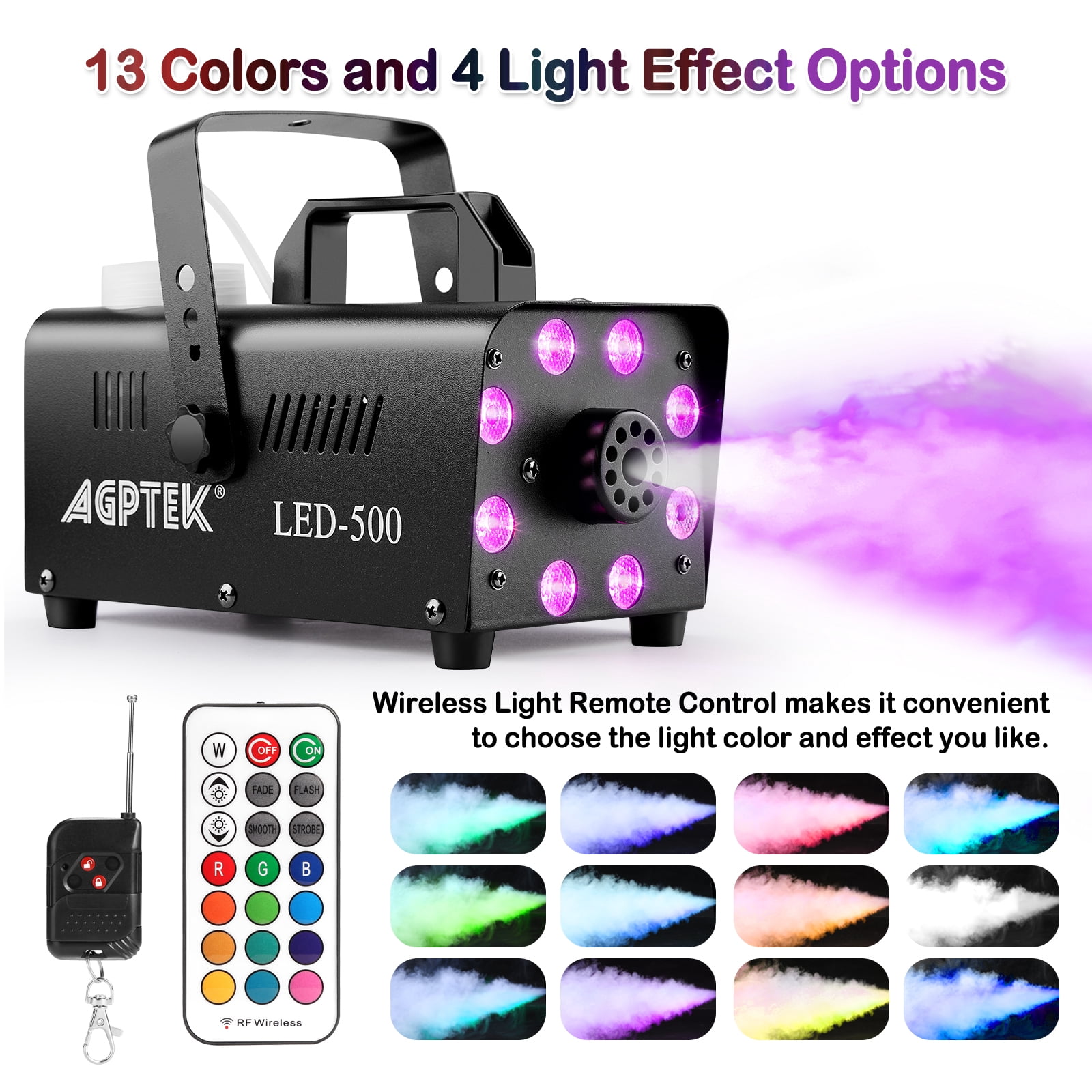 Fog Machine with 13 Colorful LED Lights and RGB Light Effect, 500 W and 2000CFM Fog with 2 Wired and Wireless Remote Controls, Perfect for Christmas Party Wedding, Halloween,  and Stage Effect
