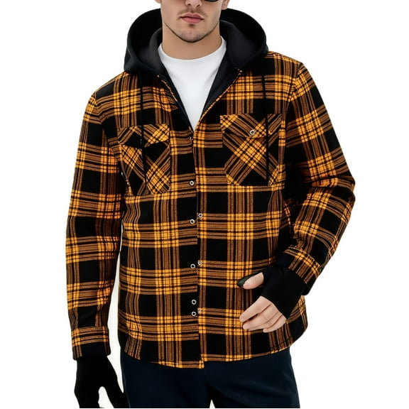 GuangCheng Mens Plaid Hooded Shirt Jackets,Fleece Lined,Casual,Outerwear 2 Chest Pockets,Orange,3XL