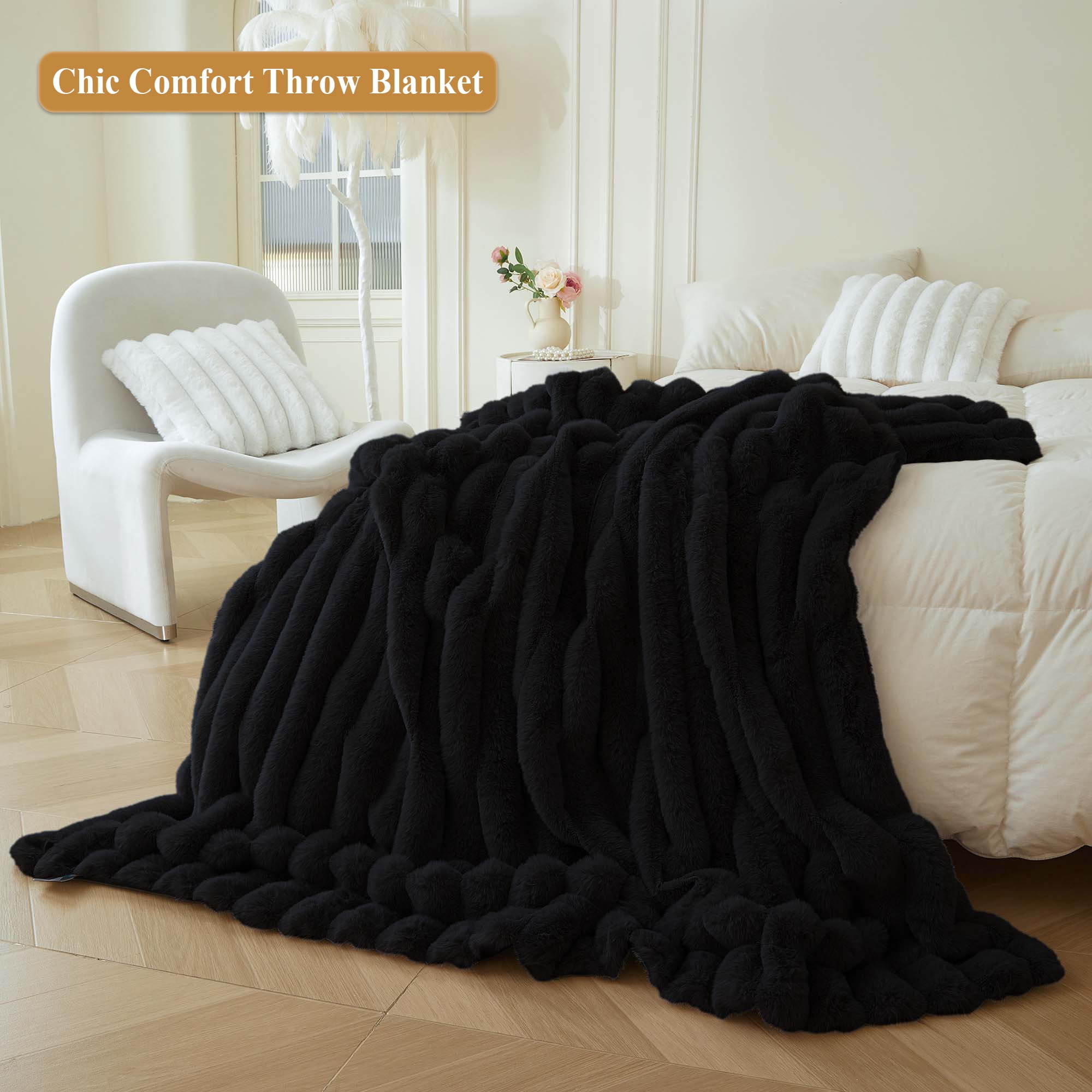 XeGe Fluffy Faux Rabbit Fur Throw, Luxury Ribbed Stripe Plush Fuzzy Blanket for Bed Couch Sofa Chair, Decorative Shaggy Throw Bedroom Living Room, Furry Blanket for Kids Teens Adults, 50x60, Black