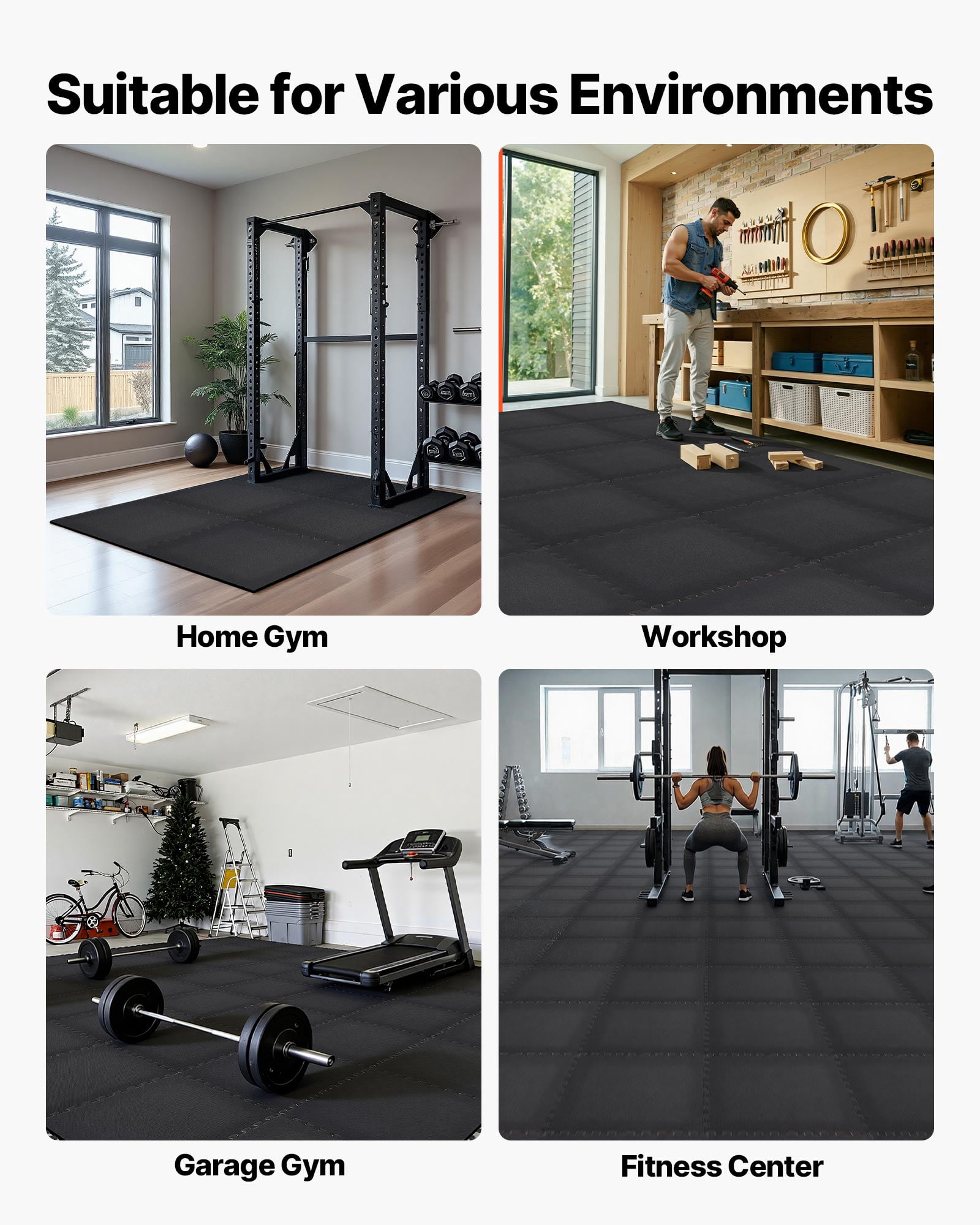 VEVOR Puzzle Exercise Mat, 24 PCS Fitness Equipment Mats, 24 x 24 x 0.56 in, High-Density EVA Foam Gym Mats Set, Interlocking Rubber Soft Tiles, Protective Floor Padding for Home, Gym, Office, Black