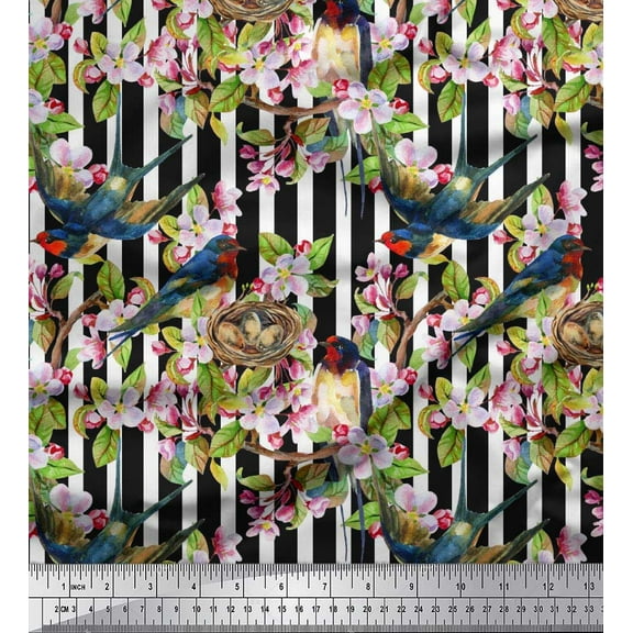 Soimoi Cotton Duck Fabric Bird,Stripe & Periwinkle Floral Print Fabric by The Yard 42 Inch Wide