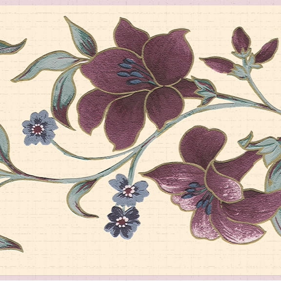 Dundee Deco's Peel and Stick Wallpaper Border - Floral Maroon Green Flowers on Vines Wall Border Retro Design, 15 ft x 7 in, Self Adhesive