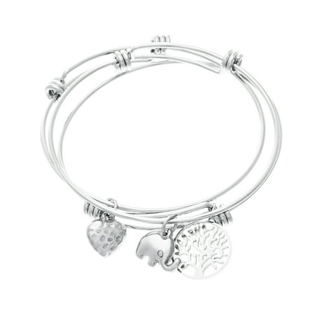 - Silver-Tone Stainless Steel 3 Pieces Dangling Hammered Heart Elephant Tree of Life Bangles