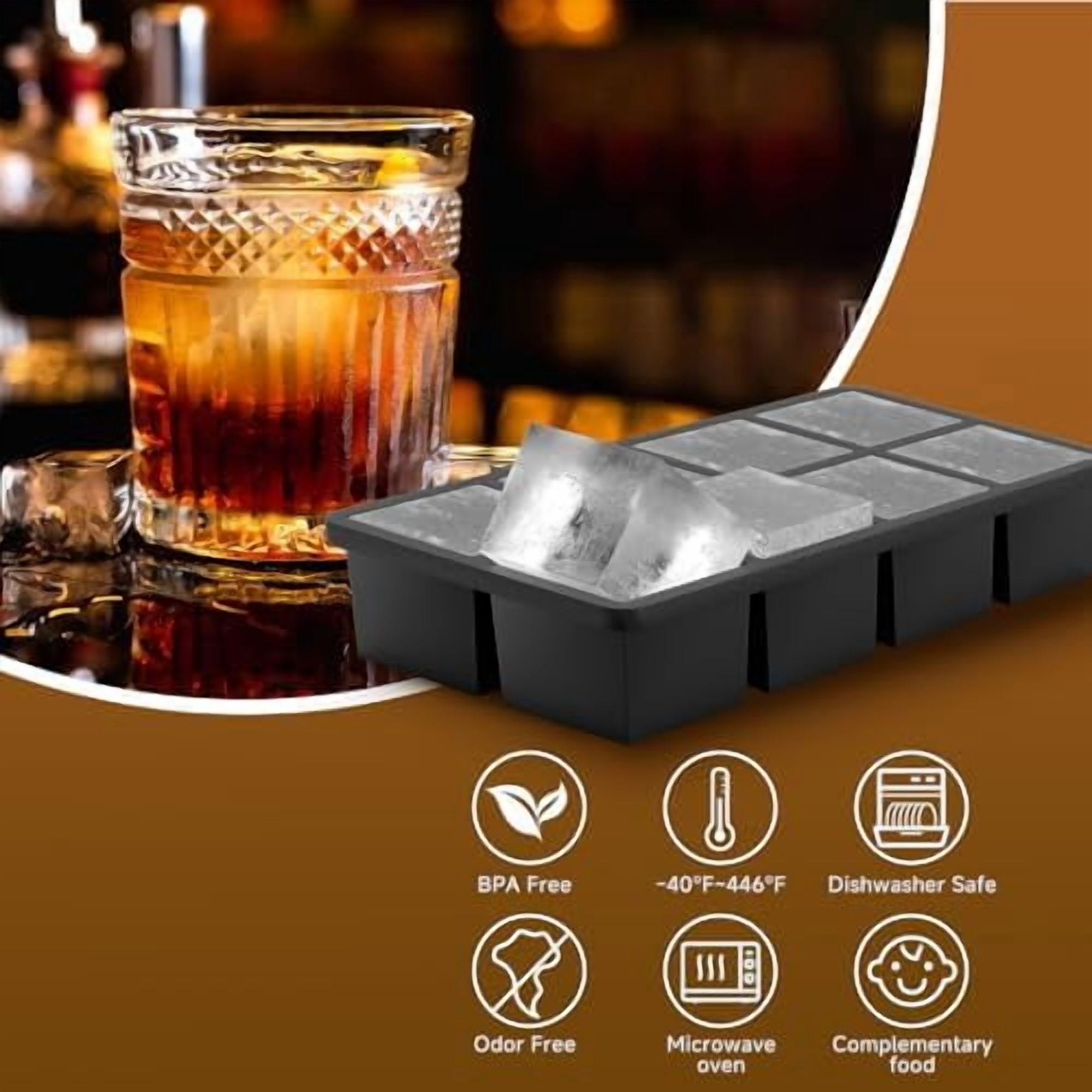 Large Silicone Ice Cube Tray Molds, Big 2 Inch Cubes 3 Pack - Food Grade, Flexible, 8 Cavity Easy Release Slow Melting Ice for Whiskey, Cocktails, Gifts & Christmas - Black (With Lid)