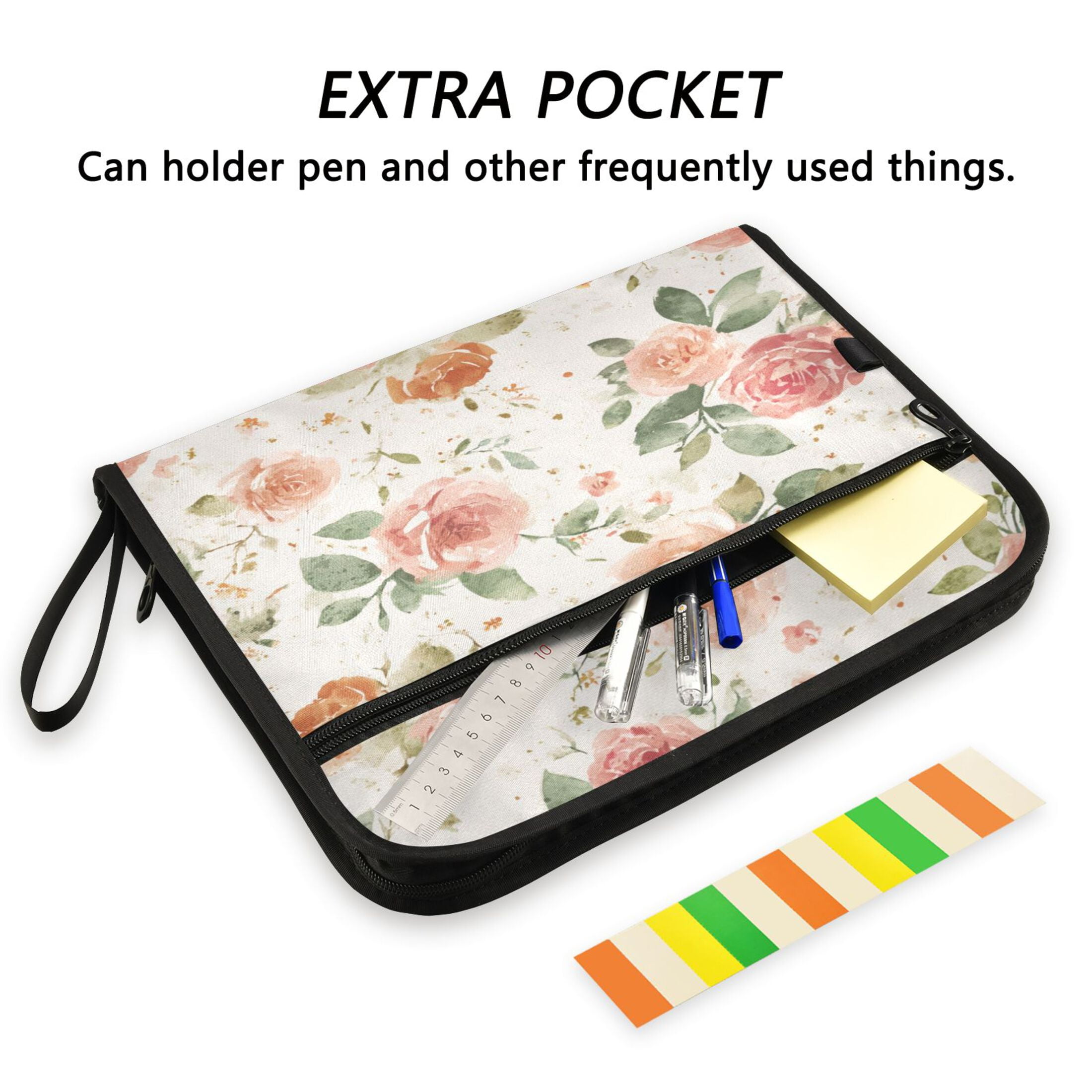 Accordion File Organizer with Zip Closure 13 Pockets Expanding File Folder Letter A4 Paper Document Organizer for Home Office Watercolor Rose Floral Pattern