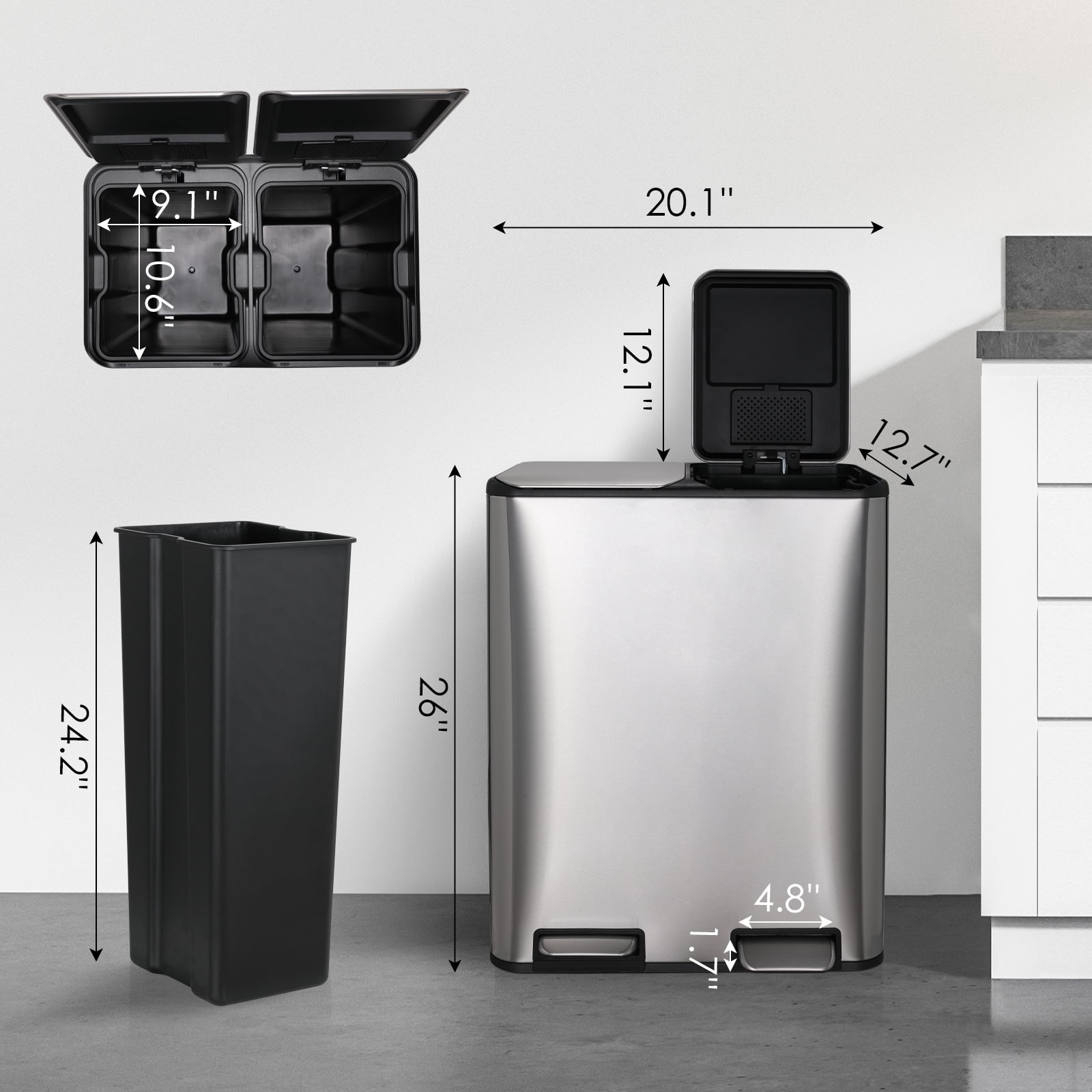 TLSUNNY 16 Gal / 60 L Dual Trash Can, Double Lid Step Bin w/ 2 Odor Control Box & Inner Buckets, for Living Room, Bathroom, Kitchen