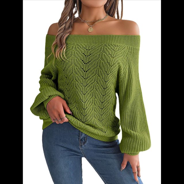 Tops de Crochet para Mujer, Suéteres con Hombros Descubiertos, Ropa de Playa de Punto Calado de Larga de Verano Verde L
