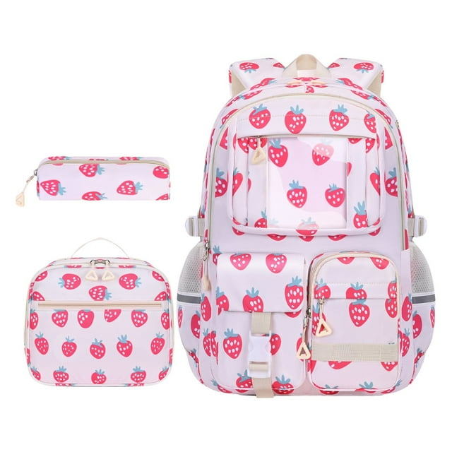 Back to School Essentials Strawberry Print Backpack Aesthetic Nylon Rucksack Cute Backpack Set Casual Daypack