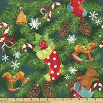 Ambesonne Christmas Fabric by the Yard Upholstery, Xmas Accessories Pine, 1 Yard, Dark Green Brown and Red