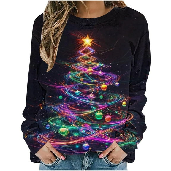 Lightweight Crewneck Sweatshirts Womens Xmas Tree Printed Merry Christmas Holiday Outfits Long Sleeve Loose Tops (XL, Purple 02)