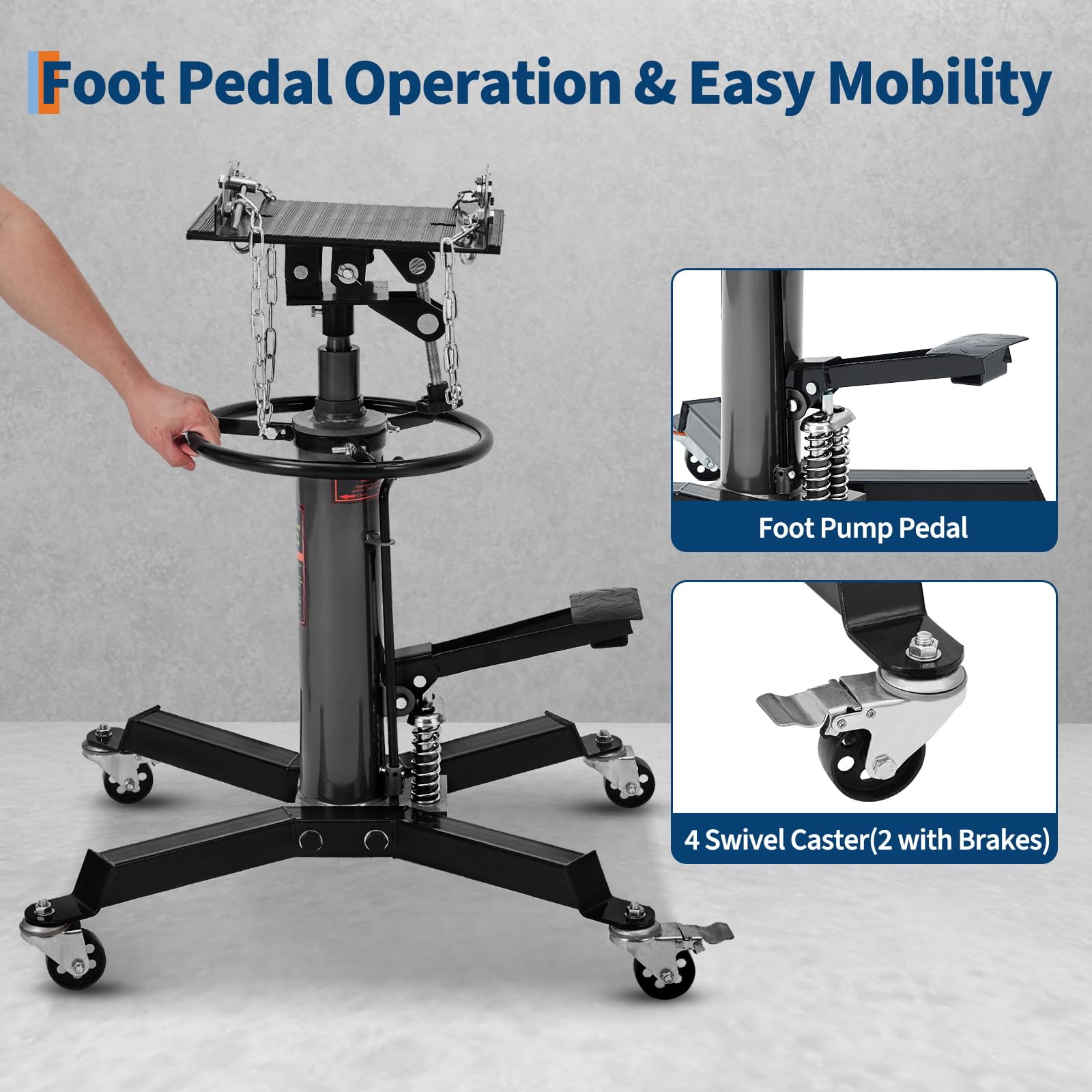 Mescukay Hydraulic Transmission Jack, 1322 LB Capacity, High Lift Transmission Lift with Dual Plungers, 360° Rotation & 30° Tilting Saddle for Home Garage & Auto Shop