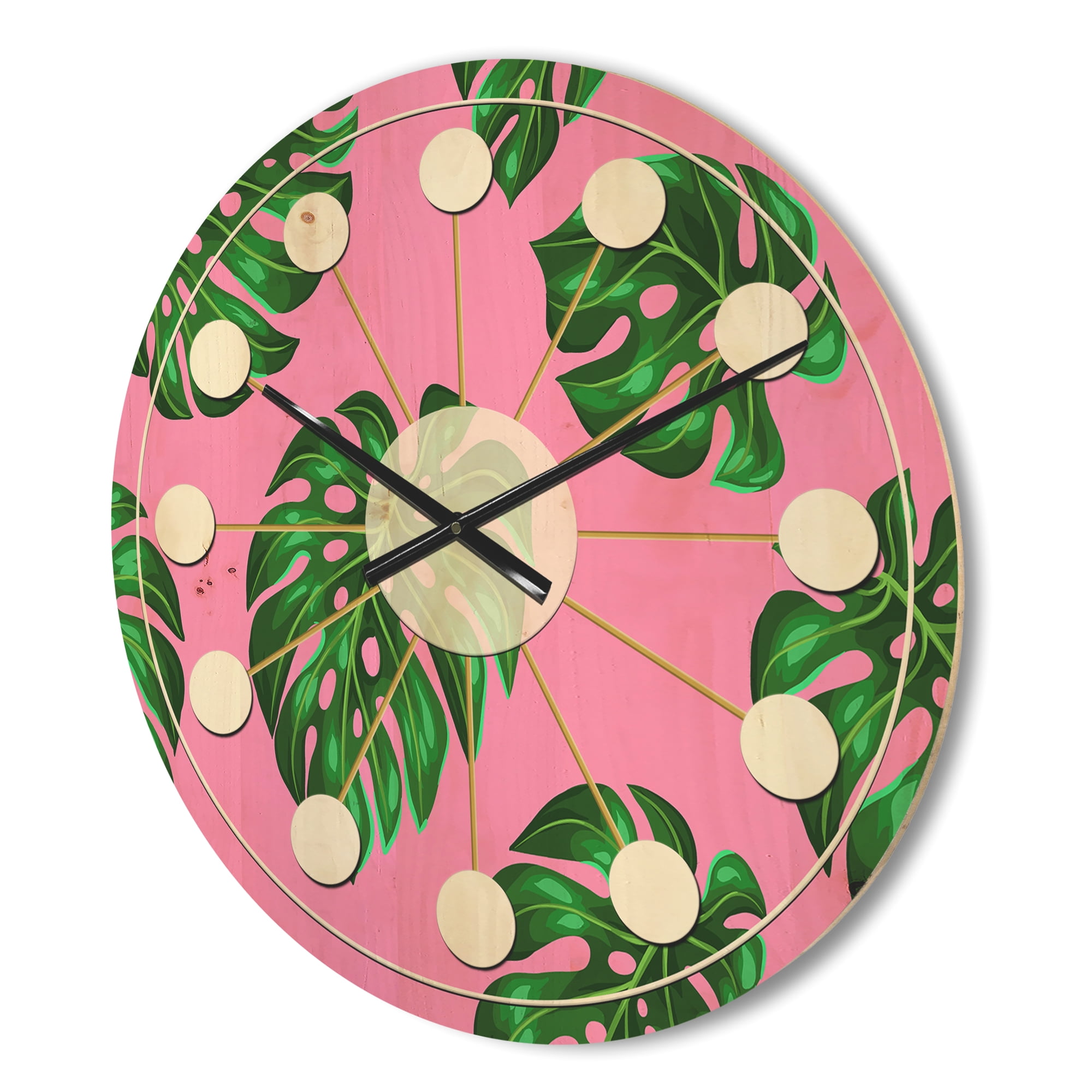 Designart 'Palm Tropical Leaves III' Mid-Century Modern Wood Wall Clock