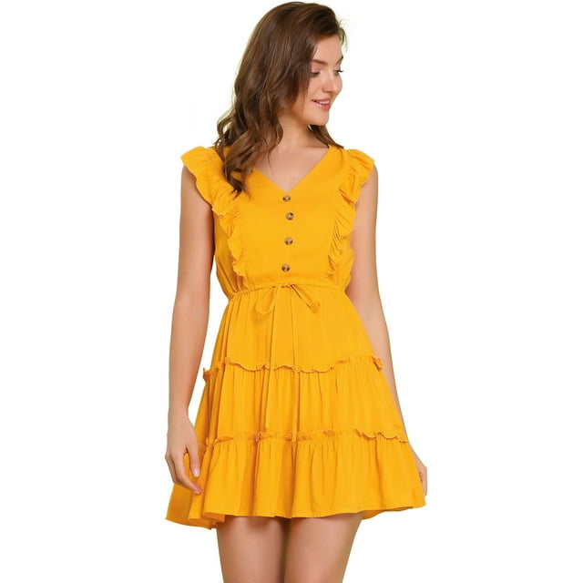 INSPIRE CHIC Robe Décontractée à Volants pour Femmes, Col en V, Manches à Volants, Boutons devant
