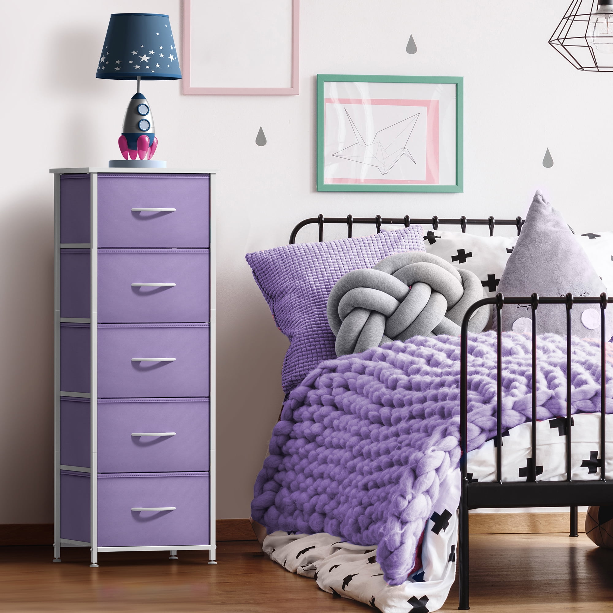 Sorbus Narrow 5-Drawer Dresser Nightstand, Purple, Steel Frame, Wood Top