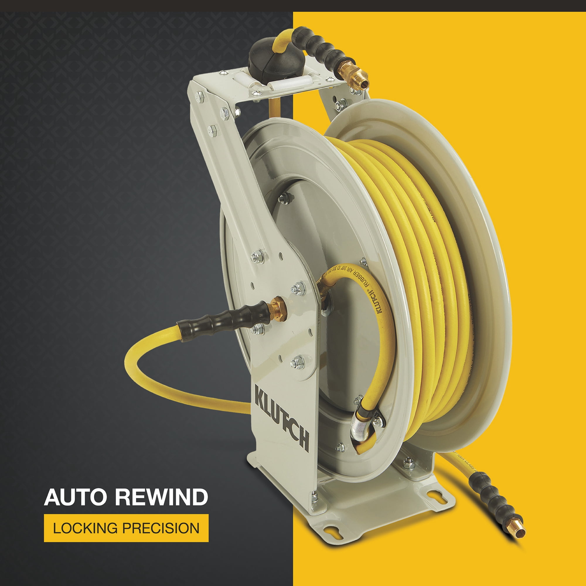 Klutch Auto-Rewind Dual-Arm Air Hose Reel with 3/8in. x 50ft. Hose, 300 PSI