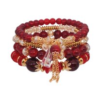 HUANLEDASH 5 Pcs Women Bracelets Faux Crystal Smooth Multi Pendant Jewelry Retro Bohemian Style with Elastic Cord Multi-layered Stackable Bracelet Set