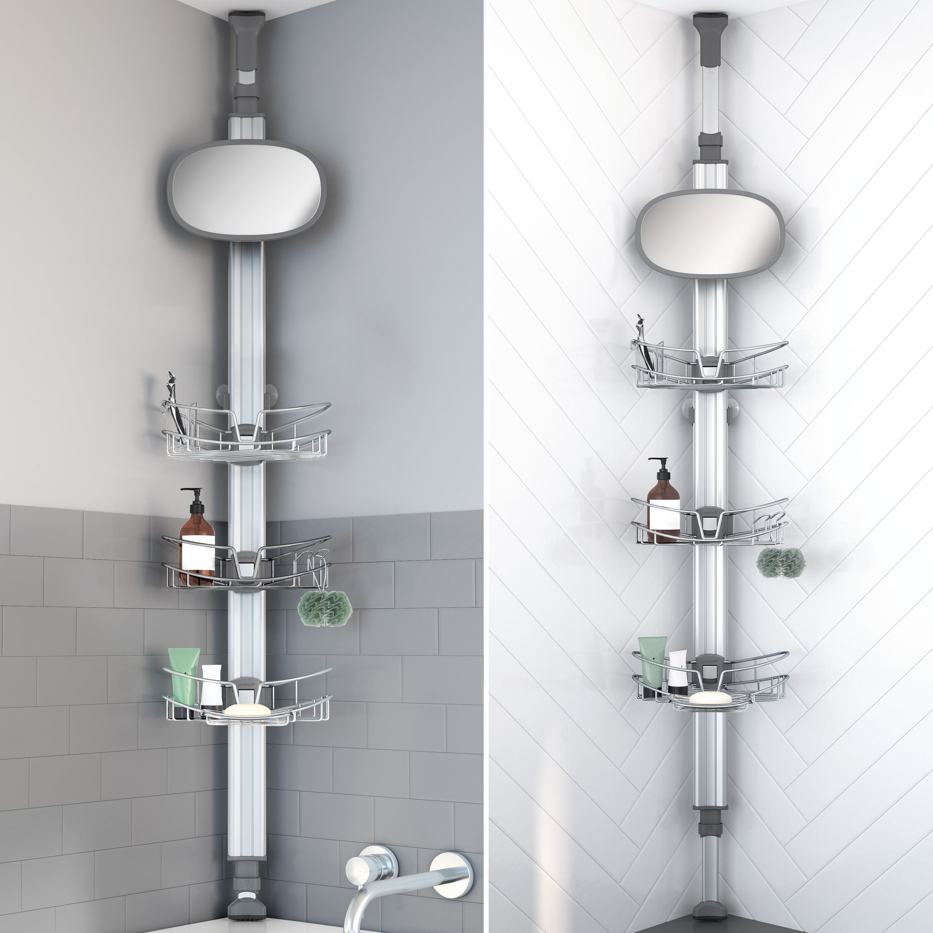 ARTIKA Allegro Extendable Shower Caddy with 1 Mirror and Adjustable Racks  and Shelves, Stainless Steel