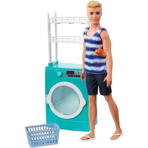 Barbie Ken Doll with Spinning Washer/Dryer Laundry-Themed Playset