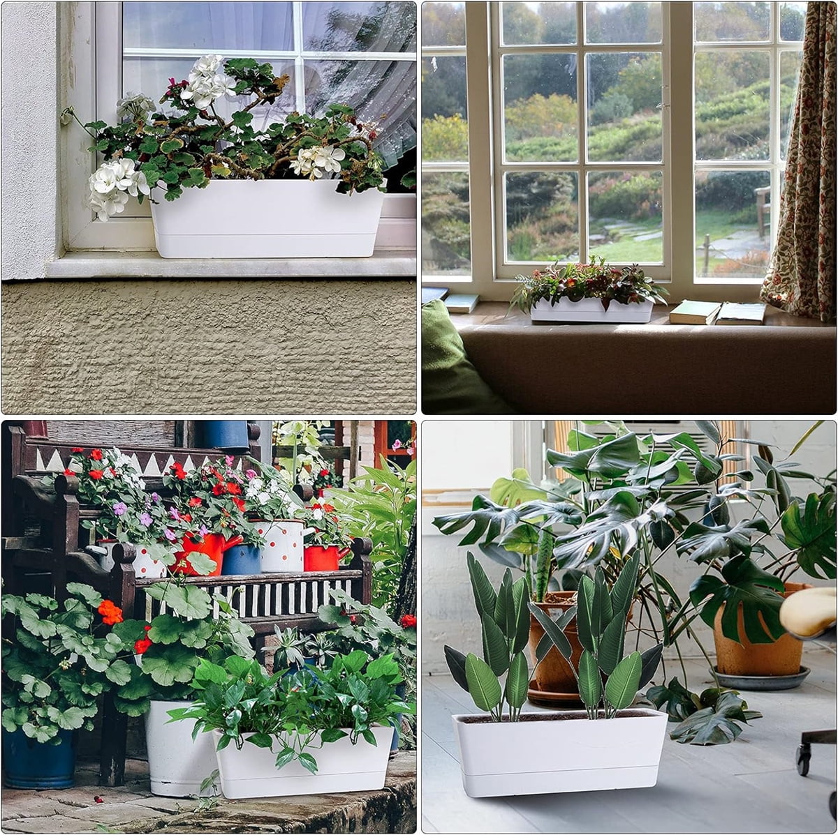 GIXUSIL Rectangular Plastic Planter, 12"x3.8" Window Box Planter with Tray, Lightweight & Extremely Durable FlowerPot, White, 1 Pcs