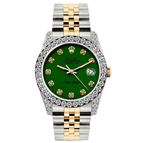 Pre-Owned Rolex Datejust 26MM 69173 Green Diamond Dial Diamond Bezel Two Tone Yellow Gold Jubilee Bracelet 1.2ct
