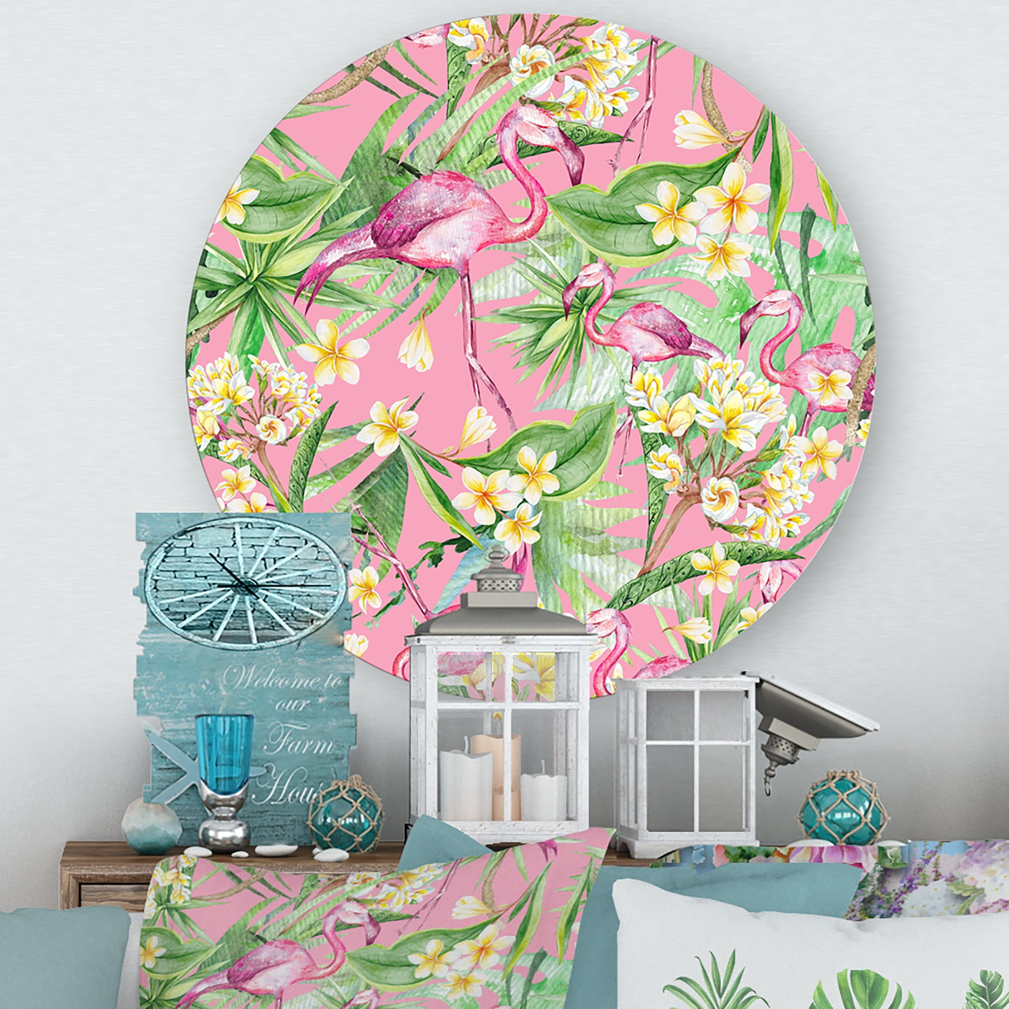 Designart 'Yellow Flowers, Tropical Foliage With Flamingo III' Modern Circle Metal Wall Art 23x23 - Disc of 23