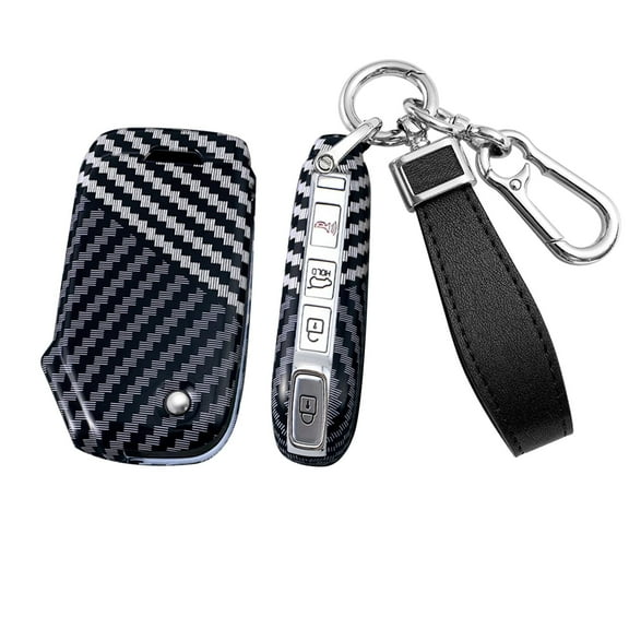 Carbon Fiber Pattern 3/4 Button Flip Key Fob Cover Compatible with Kia K5 2023 2024 Forte Seltos Soul Sportage Sorento Cerato Keyless Key Case with Leather Keychain