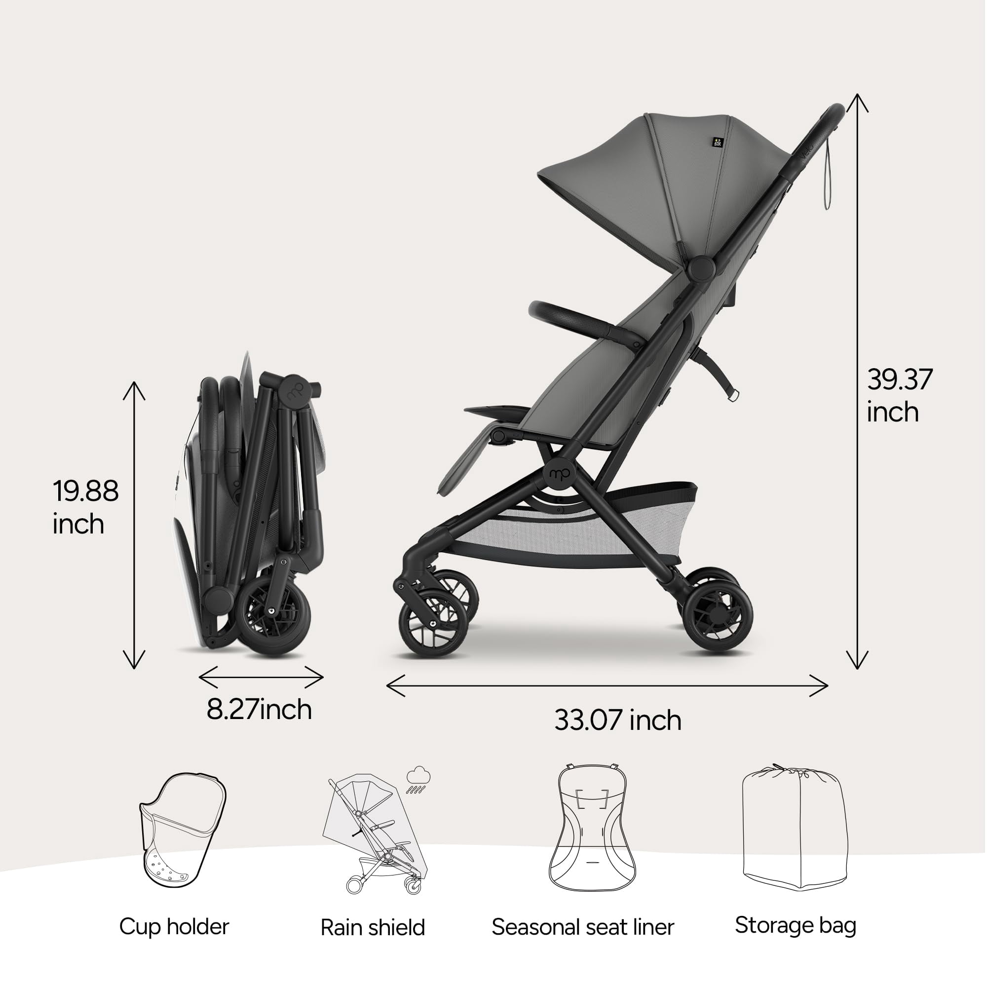Mompush Velo Lightweight Travel Stroller with Lie-Flat Recline Seat, Airplane Friendly, Gray, 18.8 LB, Unisex