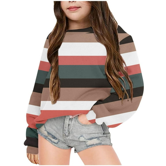 Meitianfacai Color Block Girls Striped Sweatshirt Crew Neck Long Sleeve Sweaters Casual Loose Pullover Tops Fashion Fall Winter Streetwear Outfits, Girls Green Sweatshirt Size 7-8 Years