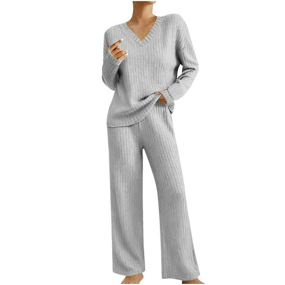 Women’s Ribbed Knit Two Piece Lounge Set Long Sleeve V Neck Pullover Sweater Top and Wide Leg Pants Soft Comfy Matching Pajama Outfit for Fall and Winter Nights