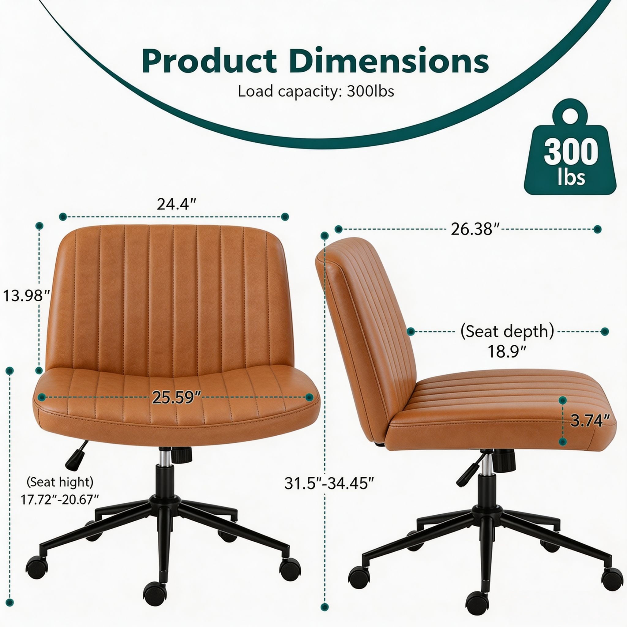 Office Desk and Vanity Chair, Armless Cross-Legged Swivel Task Chair with Wide Fabric Seat, Height Adjustment, and Replaceable Wheels or Fixed Base
