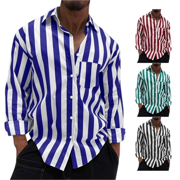 FINALGANG Mens Point Lapel Collar Button Stripe Single Bust Pocket Long Sleeve Shirt Oversized Loose Fit Daily Streetwear Outdoor Casual Button Down Tops Trendy Top Dark Blue M