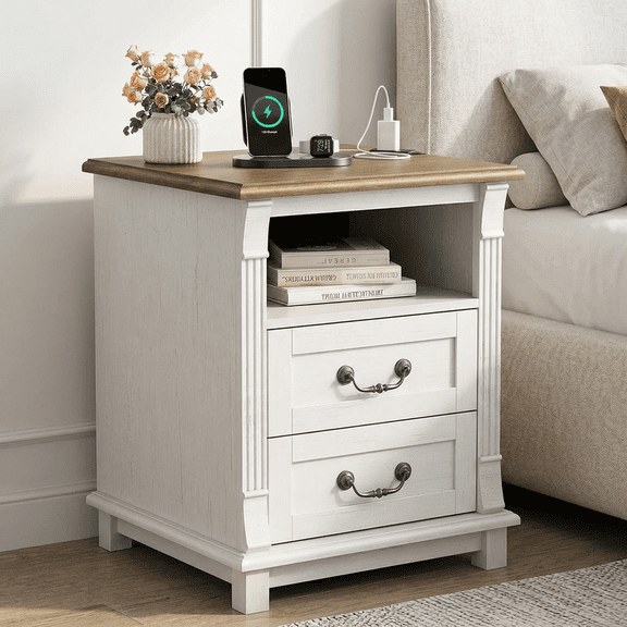 CHITOOMA 18" Farmhouse Nightstand with Charging Station, Bedside Table with USB Ports and AC Outlets, Wooden End Table with 2 Drawers for Bedroom
