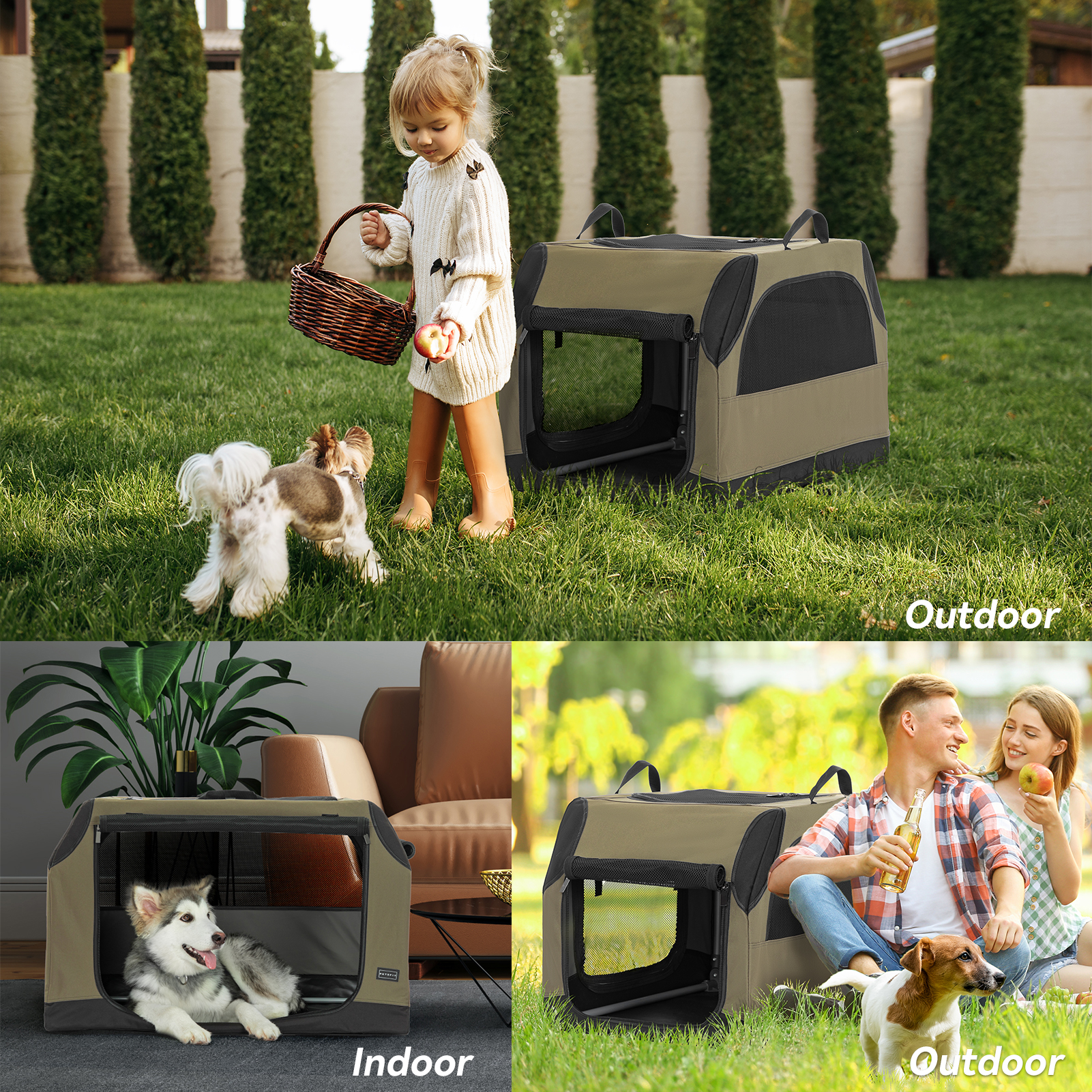 Petsfit 30 Inch Dog Kennel Indoor, Adjustable Fabric Cover by Spiral Iron Pipe, Chew Proof 3 Door Design, Soft Sided Collapsible Dog Crate Green