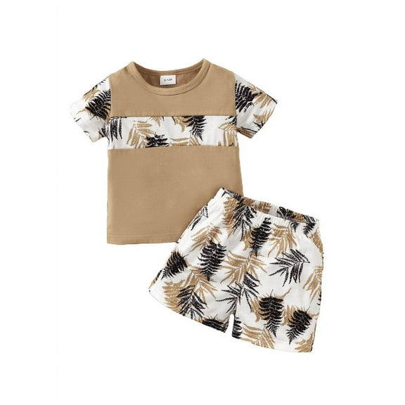 Mikrdoo Newborn Baby Boys Summer Outfits Hawaii Style OOTD Leaves Print Splice Shirts Elastic Shorts 2Pcs Clothes Set Brown 9-12 Months