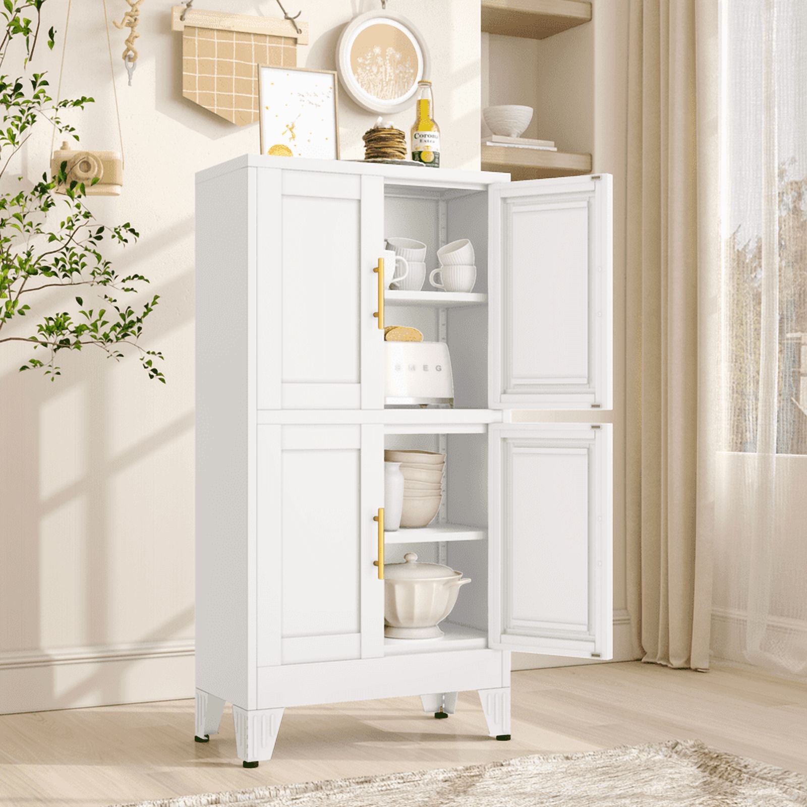 EROSOEI Sturdy Metal Pantry Storage Cabinet with Doors and Shelves Black White