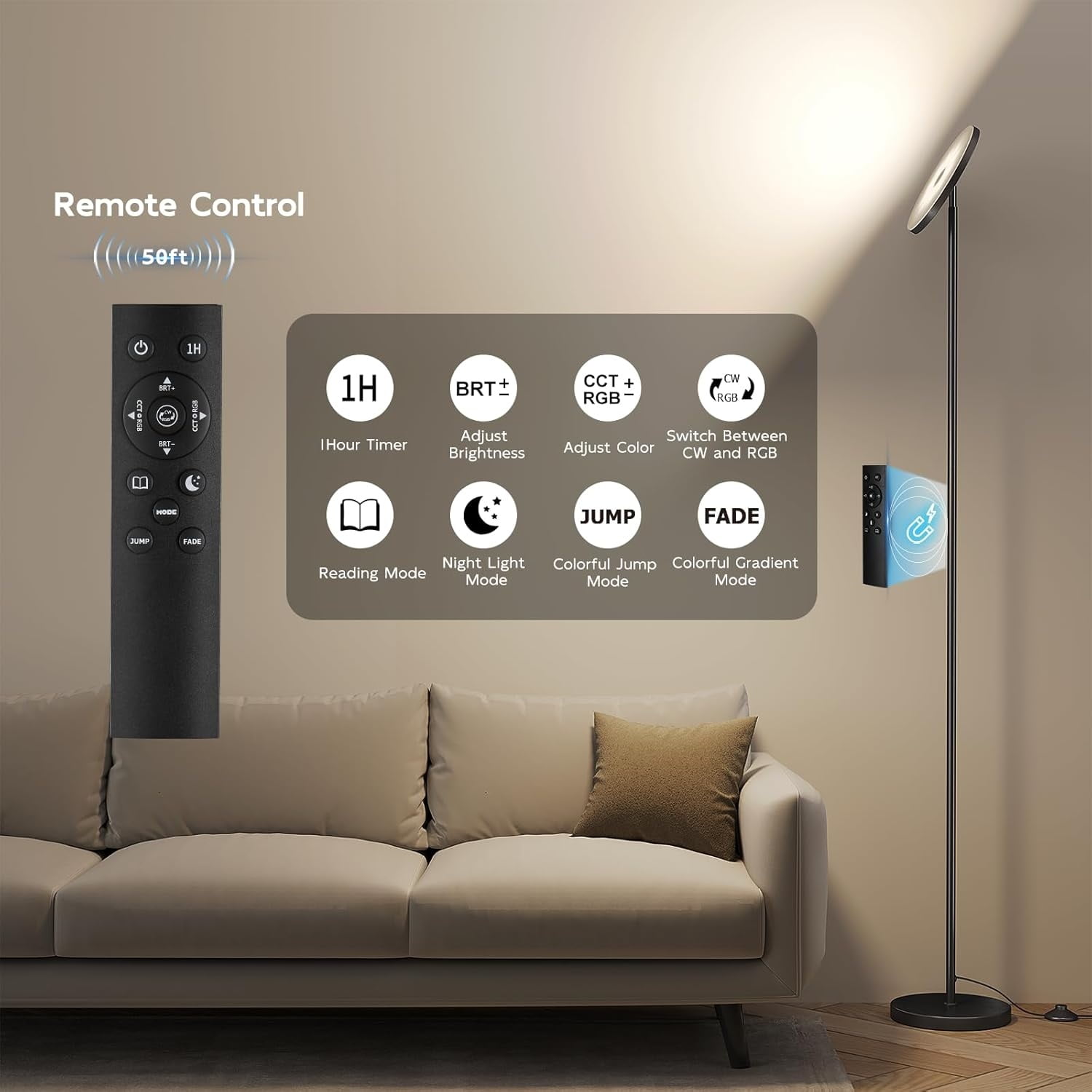 RGB Floor Lamps for Living Room, 32W Bright LED Floor Lamp with APP and Remote Control, Tall Standing Lamp with Stepless Dimmable, Modern Corner Lamp for Bedroom, Gaming Room